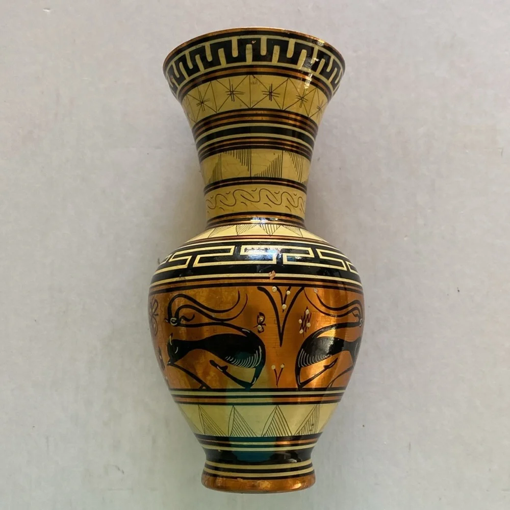Painted Copper Vase Handmade in Greece 7.5” Tall x 4” Diameter